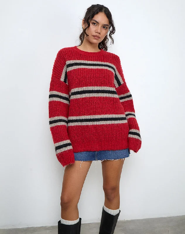 Classic Design Lunet Knitted Jumper in Red and Black Stripe