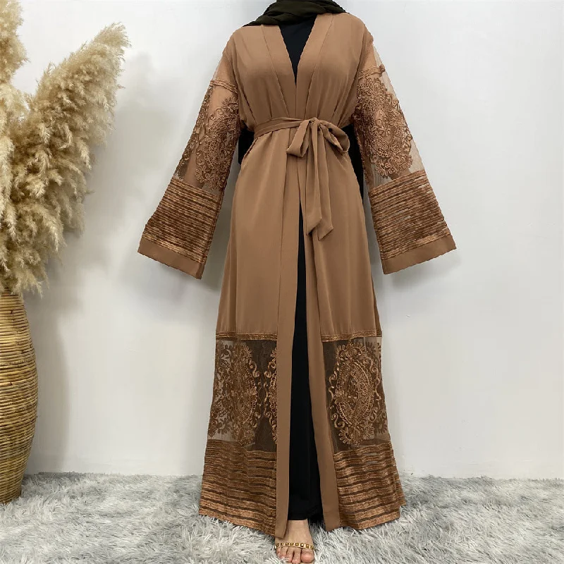 Free And Casual Cardigan Embroidered Mesh Robe Dress