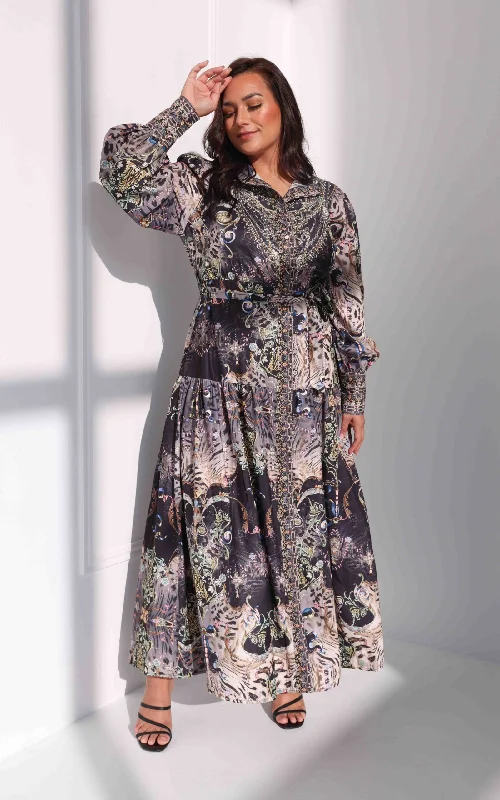 Casual Chic Sahara Night Sky Long Sleeve Maxi Dress -  Black Multi Print