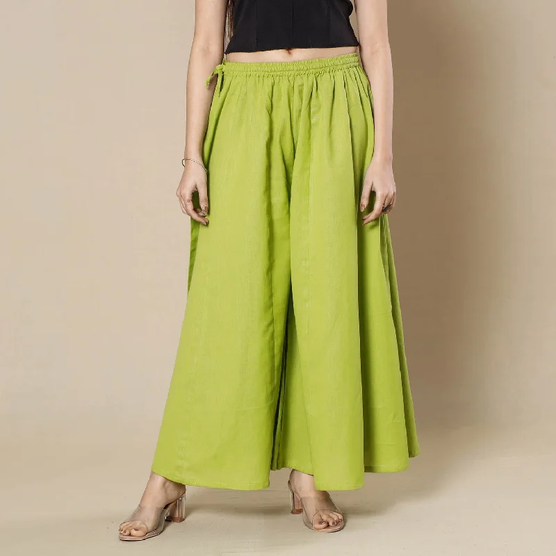 Street Sports Style Parrot Green Plain Dyed Cotton Flared Palazzo