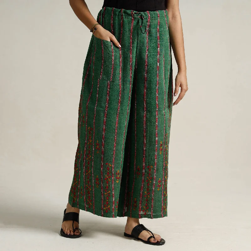 Casual Comfort Green - Bengal Khesh Weaving Kantha Embroidery Cotton Palazzo 97