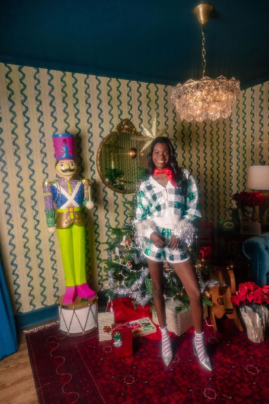 Advanced Customization Green/White Buffalo Plaid Full Sequin With Feather Sleeve Cardigan