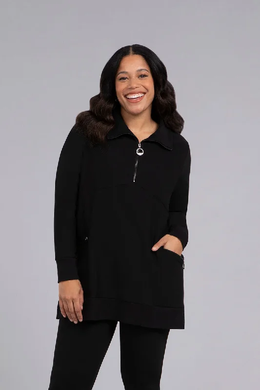 Simple Comfort Bamboo Fleece Zip Collar Tunic | Black