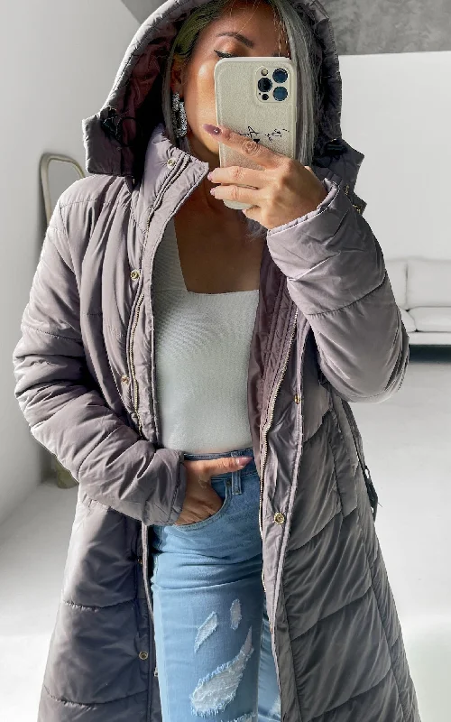 Sports Design Eve Longline Puffer Coat - Grey Mauve