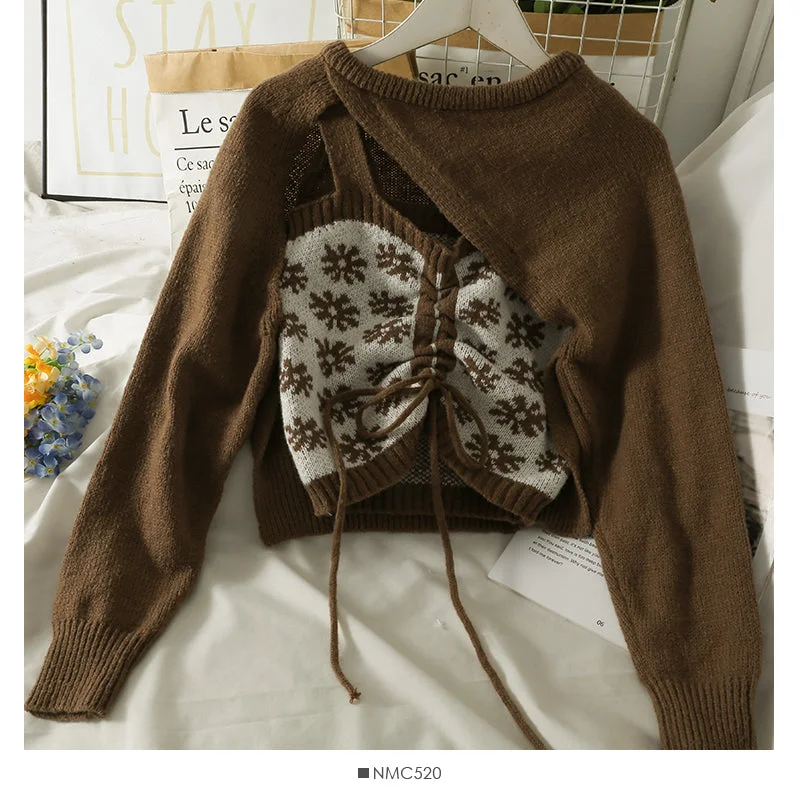 Carefree Design sense round neck long sleeve Pullover Sweater with suspender inside  1797