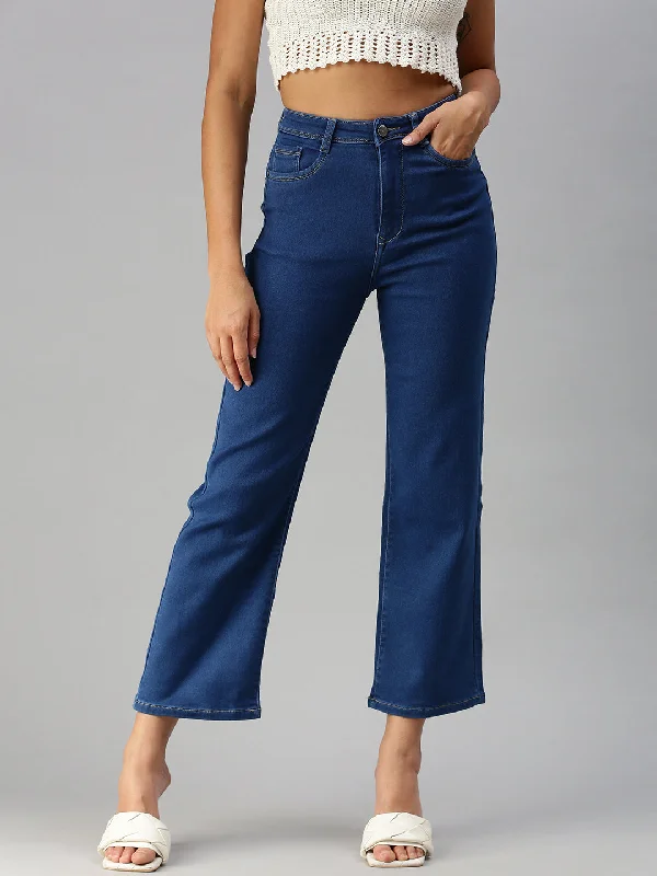 Must-have For Autumn And Winter Women Solid Blue Wide Leg Jeans