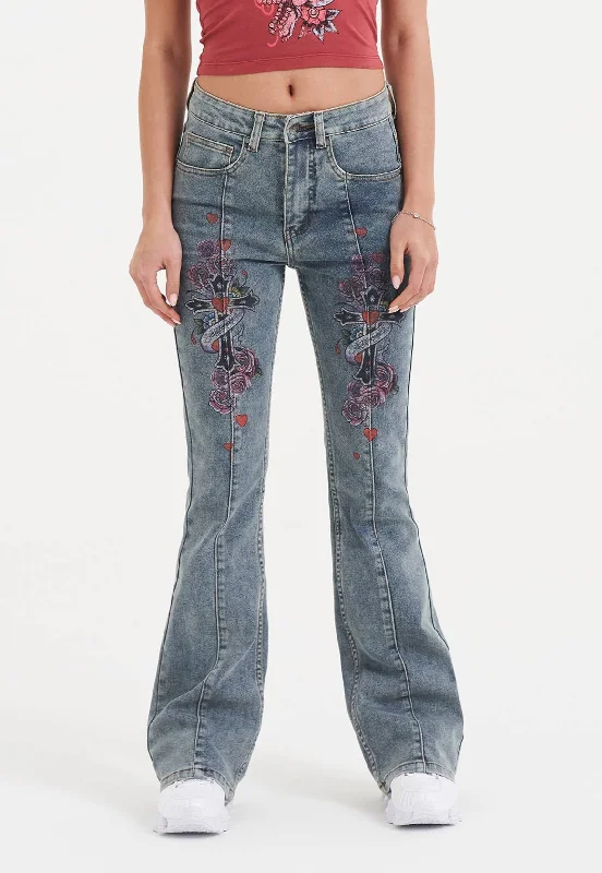 Comfortable Looks Womens Floral Cross Flared Jeans - Mid Blue
