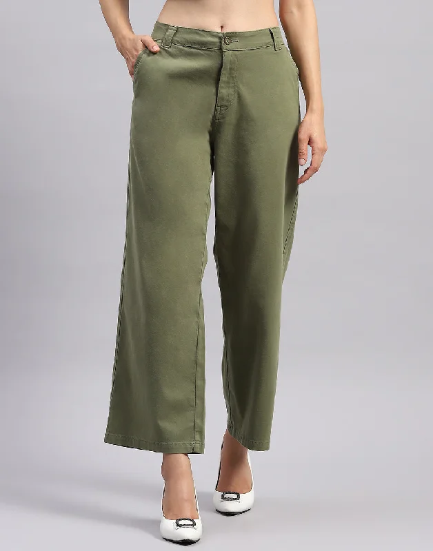Warm Wear Women Olive Solid Wide Leg Trouser