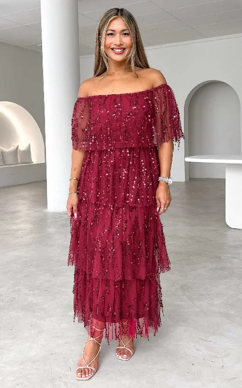 Wandering freely Fantango Maxi Dress - Wine Sequin
