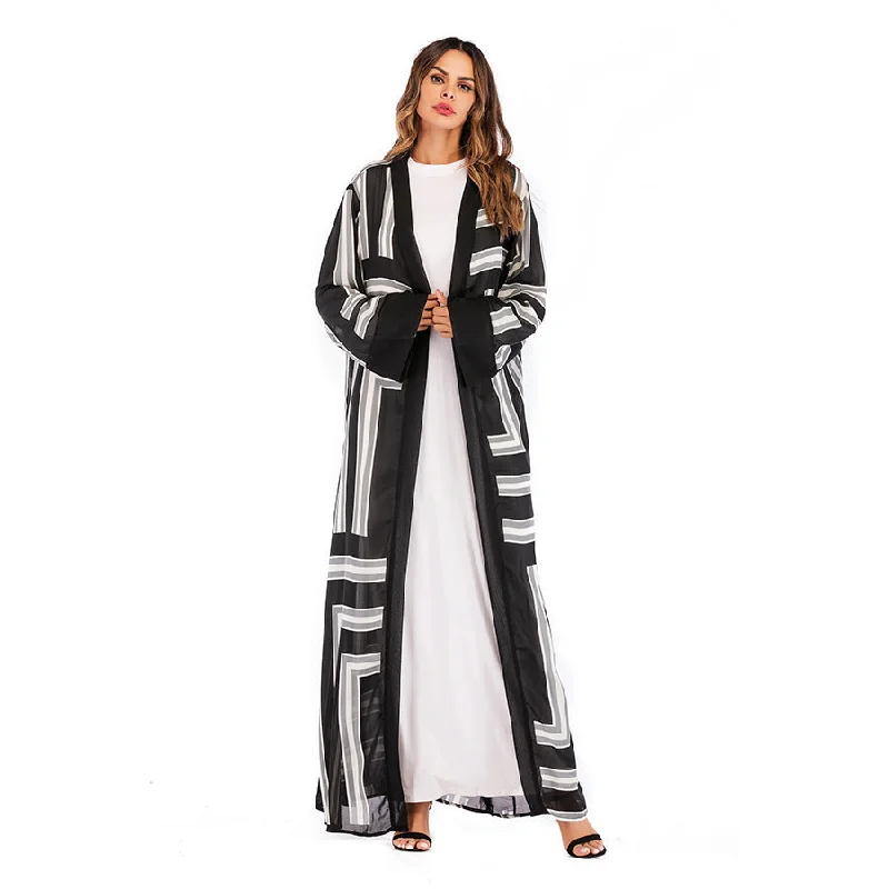 Nightclub Style Muslim Stripe Loose Lace Cardigan Robe Female