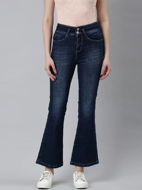 Exquisite Tailoring Women Navy Blue Solid Flared Denim Jeans