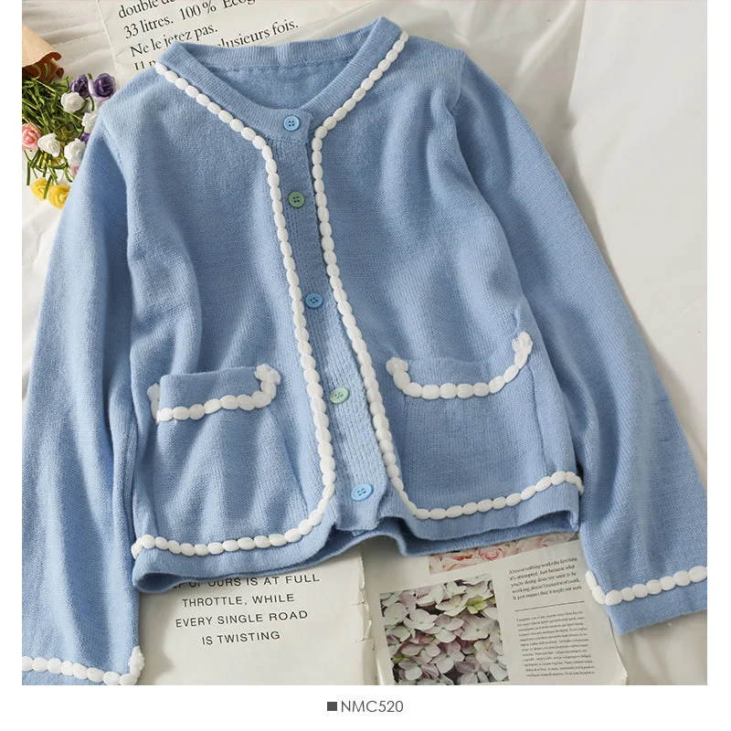 Sports Vitality Style Sweet little fresh stripe single breasted crew neck thin sweater  1810