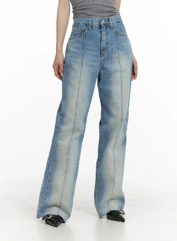 Refreshing Design Denim Stitching Wide Fit Straight Jeans CA402