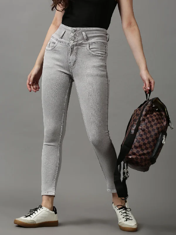 Literary Style Women's Coffee Brown Solid Skinny Fit Denim Jeans