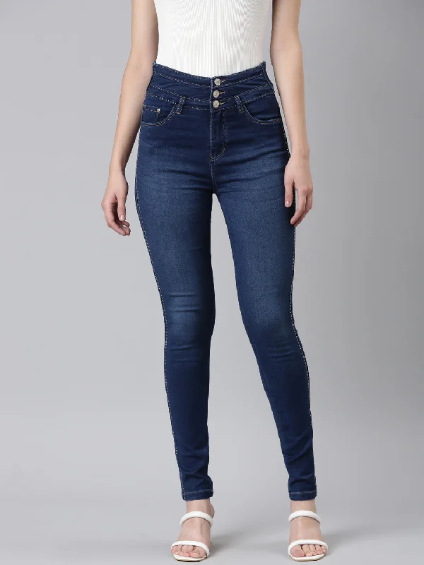 Fashion Must-have Women Navy Blue Embellished Skinny Fit Denim Jeans