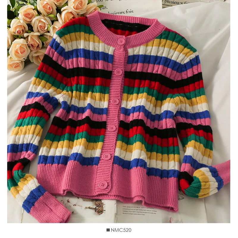 Classic Color Elegant color stripe single breasted thin women's sweater  1788