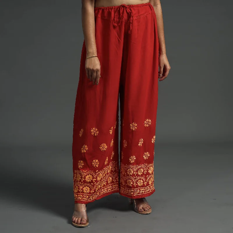 Retro Style Red - Lucknow Chikankari Hand Embroidery Rayon Palazzo (Free Size)