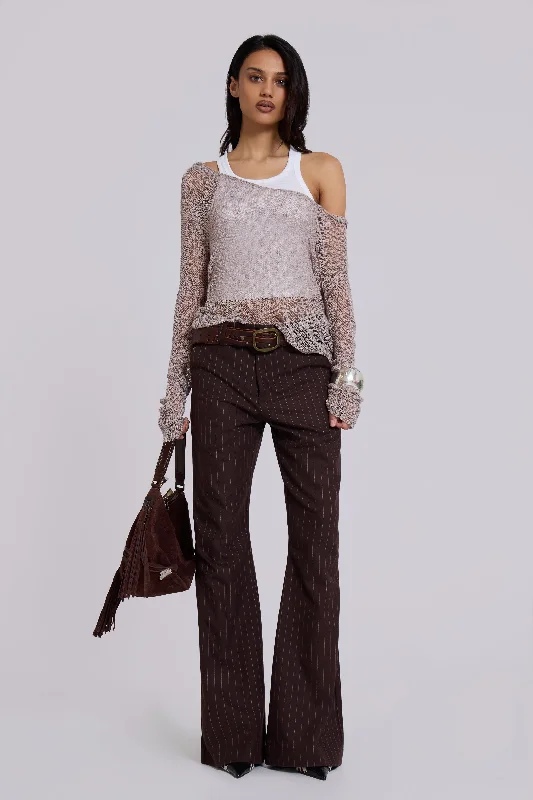 Comfort Fit Brown Pinstripe Stacked Bootcut Suit Pants