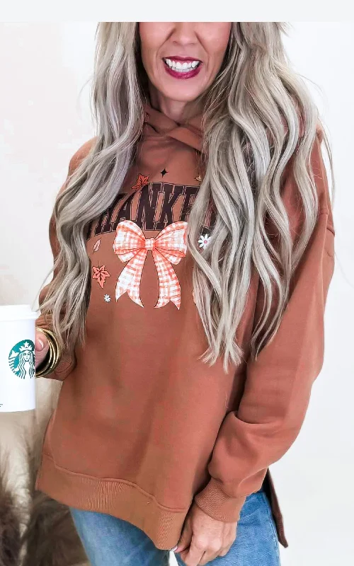 Light And Breathable Thankful Cognac Side Slit Hoodie - Final Sale