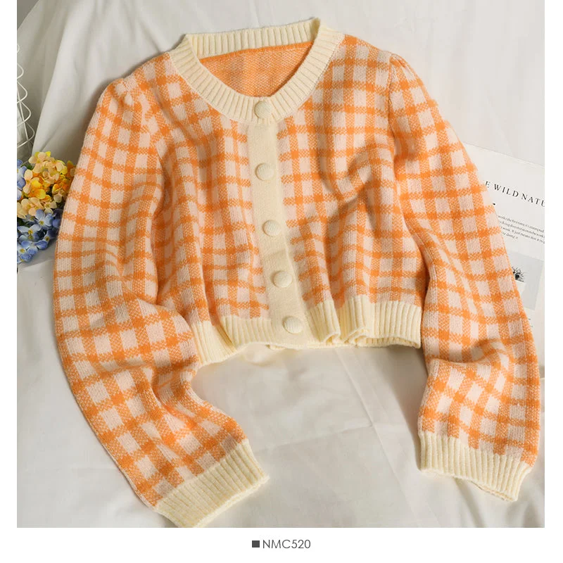 Soft Looks Korean retro color block check short loose knit women's shirt  1815
