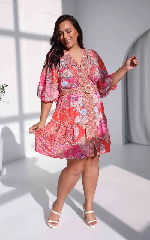 Soft Touch Gemini Gem Embellished Dress - Red Pink Multi Print
