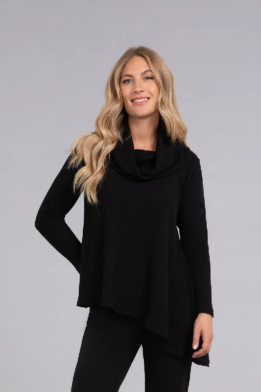 Sports Jumpsuit Angle Cowl Neck Waffle Sweater | Black