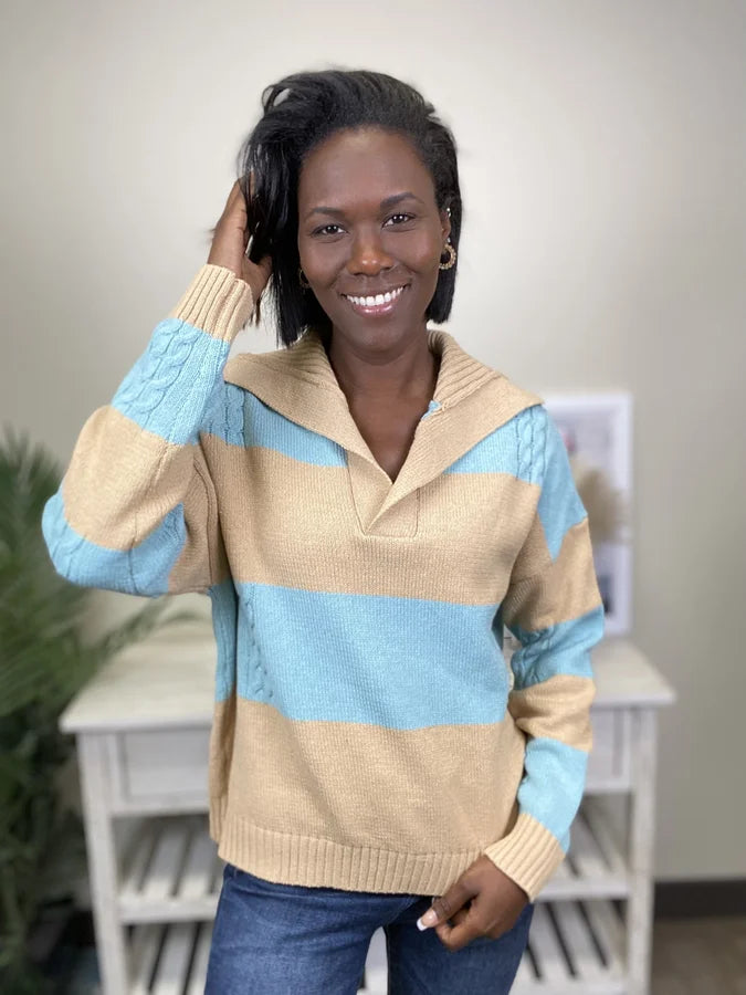 Party Wear Out In The Middle Women's Collared Color Block Cable Knit Sweater