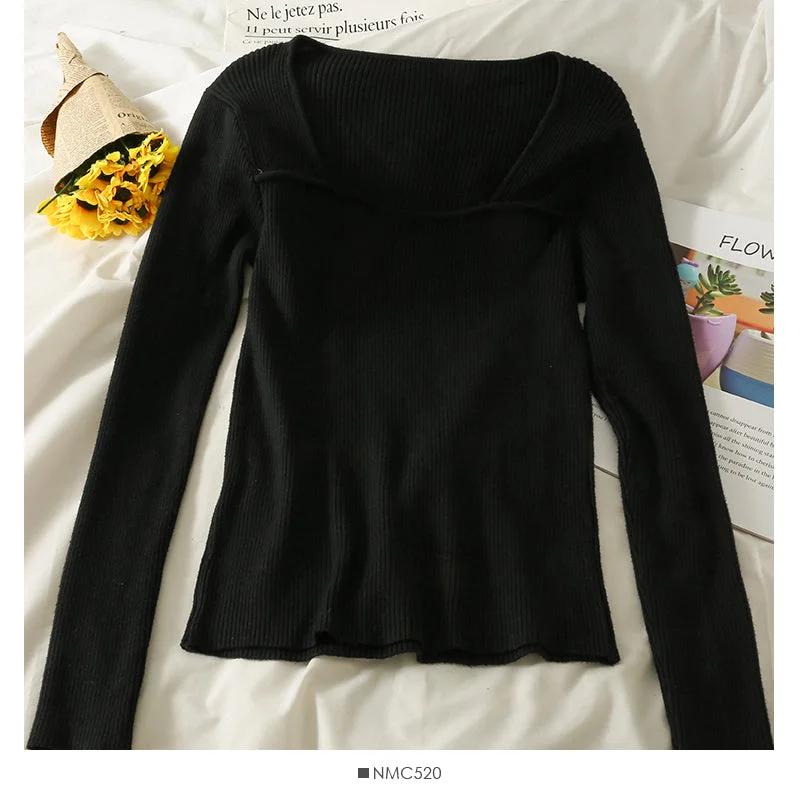 Renaissance Style Solid color versatile low collar collarbone exposed long sleeve bottomed top  1813
