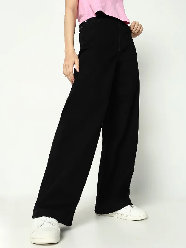 Practical Style Women Solid Black Wide Leg Jeans