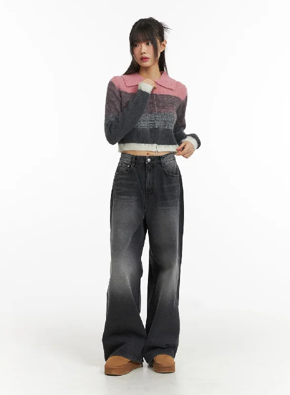 Thin Design Denim Mid-Waist Pocket Wide Leg Jeans CJ415