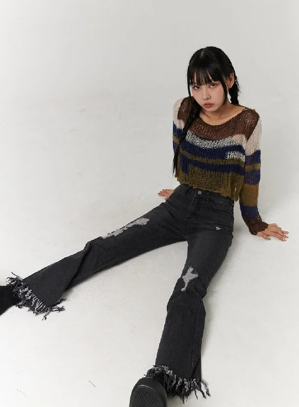 Elegant And Simple Ripped Distressed Bootcut Denim CJ405