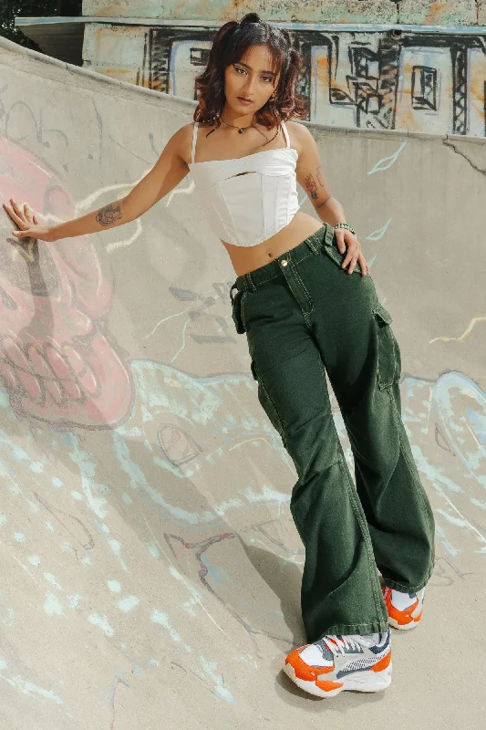 Youthful Contrast Stitch Green Cargo Pants