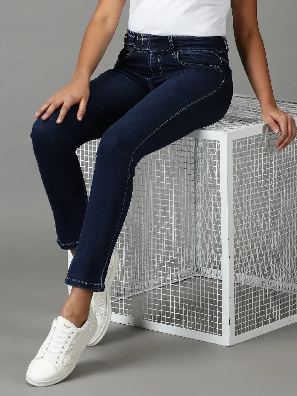 Retro Design Women's Navy Blue Solid Super Skinny Fit Denim Jeans