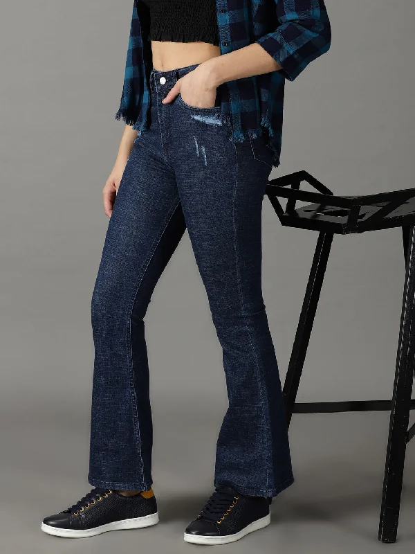 Retro Stripes Women's Navy Blue Solid Fit Denim Jeans