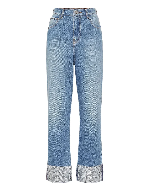 Street Charm Denim Trousers Strass Loose Fit Heart