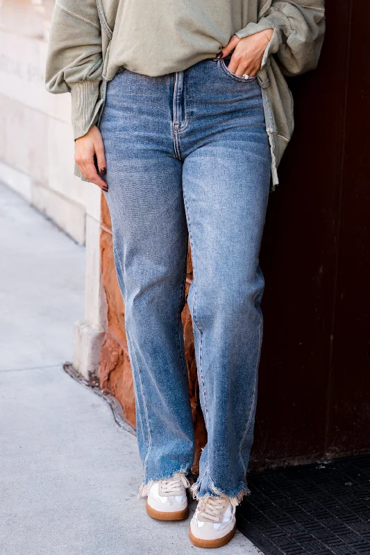 Exquisite Fabrics Ella High Rise Straight Wide Leg Jean | Medium Dark