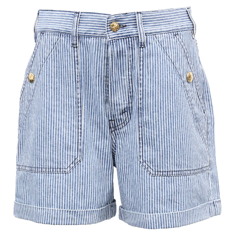 Elegant Style Celine Striped High-Rise Shorts in Blue Cotton Denim