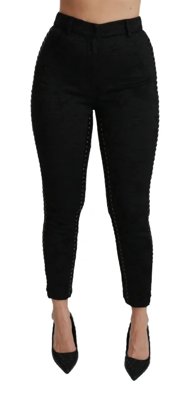 Street Graffiti Design Dolce & Gabbana  Black Stretch Cotton Trousers with Leather Detail