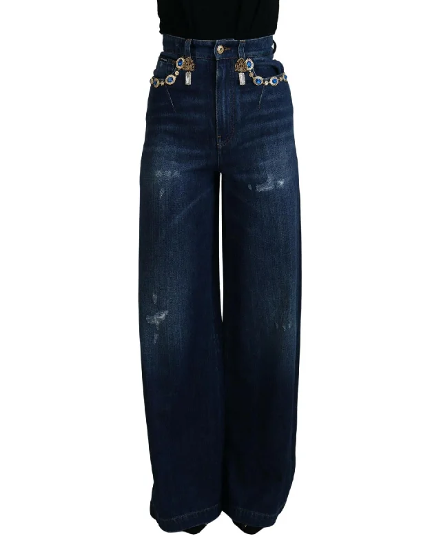 Lounge Wear Dolce & Gabbana  High Waisted Wide Leg Jeans with Chain Belt - Blue