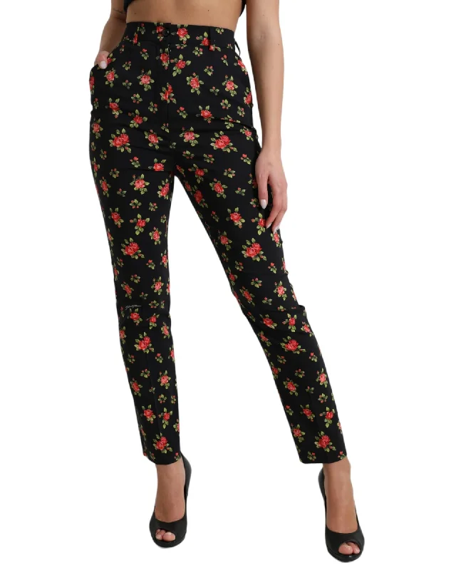 Street Charm Dolce & Gabbana  Rose Print High Waist Slim Leg Pants