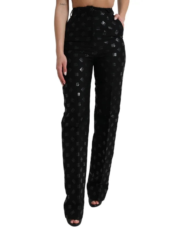 Classic Dolce & Gabbana  Women's High Waist Wide Leg Trousers with DG Logo Print - Black