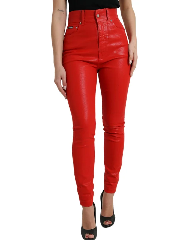 Classic Color Dolce & Gabbana  Women's High Waist Skinny Leather Jeans - Red