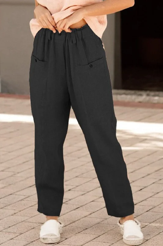 Simple Elegance Button Detail Elastic Waist Pocket Pants