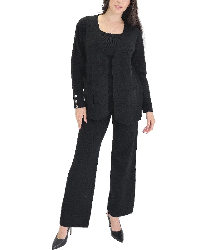 Single-shoulder Neck Design Cardigan Sweater, Top & Pant Set- 3 Pc Set
