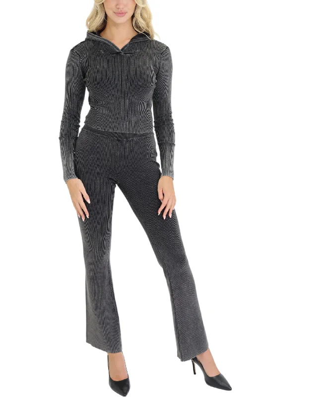Floral Prints Crop Ribbed Hoodie & Pants Set- 2 Pc Set