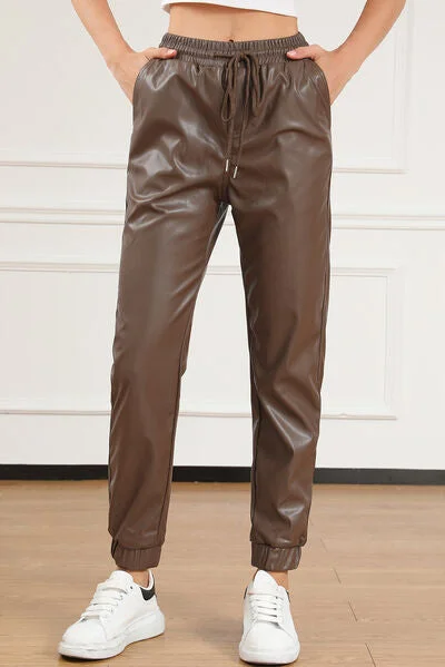 Fashion Design Drawstring PU Leather Pants