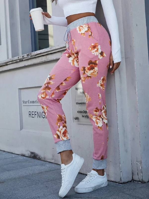 Tropical Style Floral Print Slim Fit Long Pants