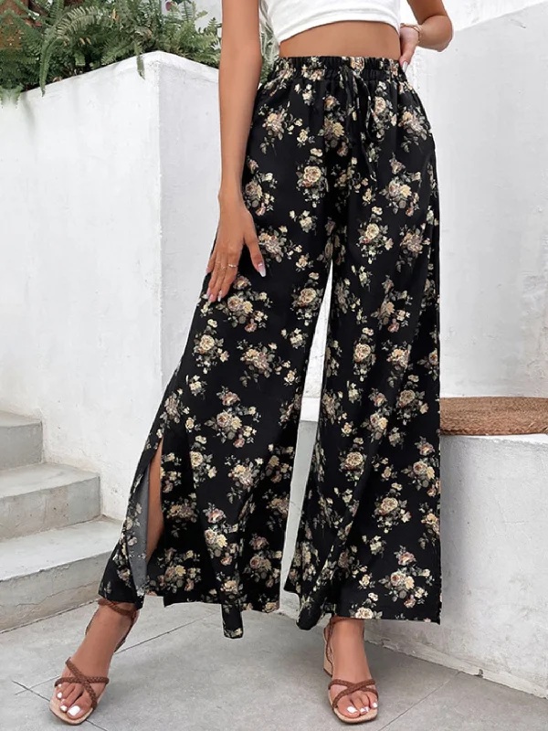 Daily Comfort Floral Side Slit Wide Leg Pants