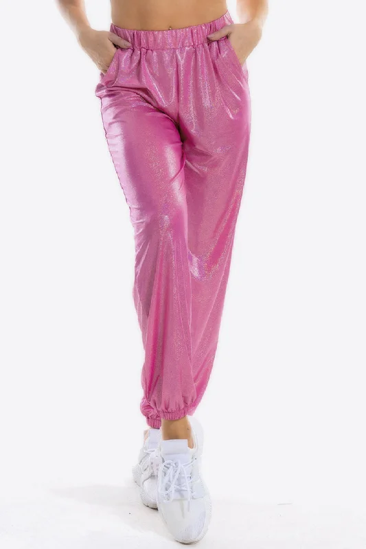New Design Glitter Elastic Waist Pants with Pockets