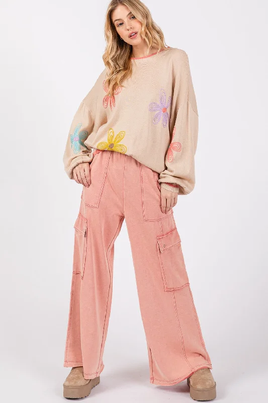 Embroidered Letters Knit Terry Mineral Wash Wide Leg Pants